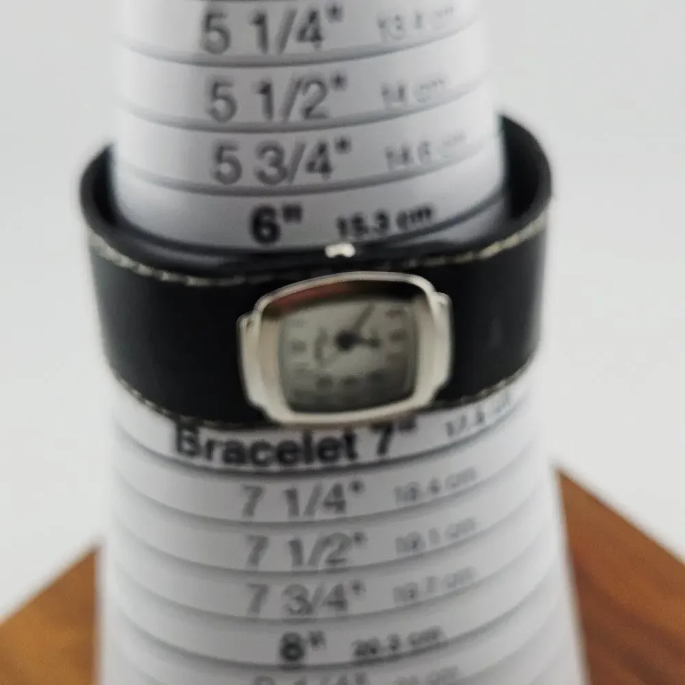 Awny Sport Silver Tone Cuff Style Watch Black Faux Leather Wide Band Model 8660